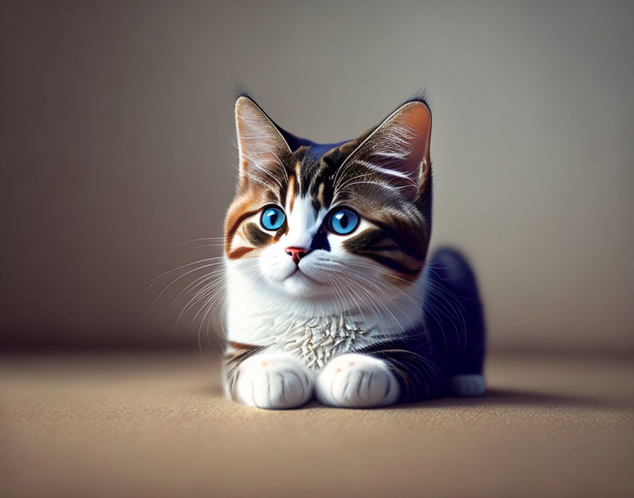 Brown and White Cat with Striking Blue Eyes in Comfortable Pose