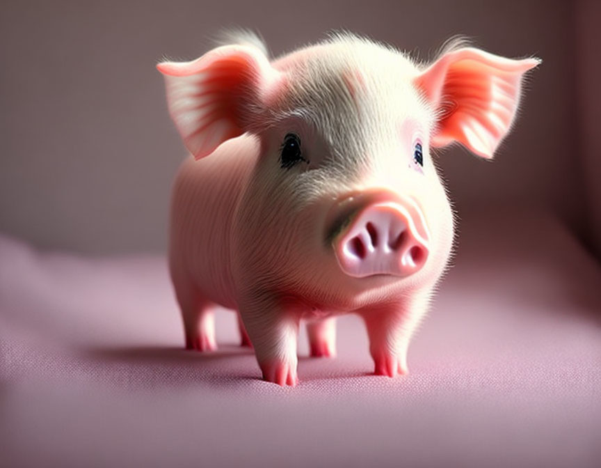 Pink piglet with floppy ears on soft pink surface