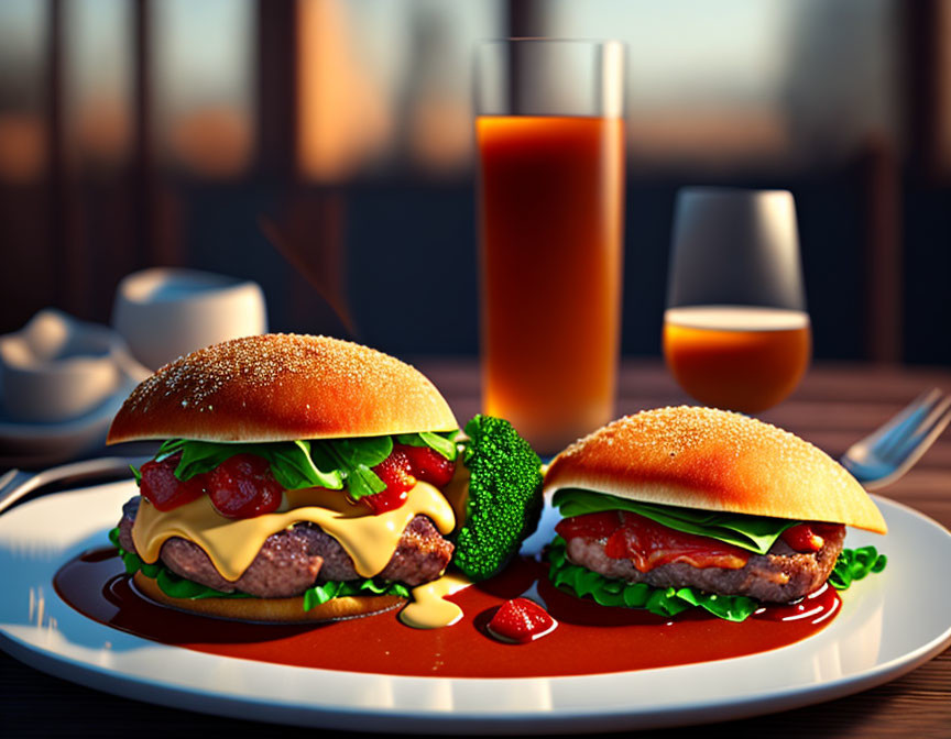 Cheeseburger with lettuce and tomato, broccoli, and glass of juice on blurred background