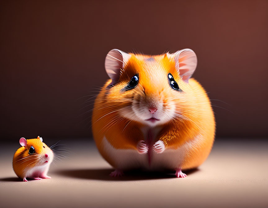 Digitally Manipulated Large Hamster with Small Hamster on Brown Background