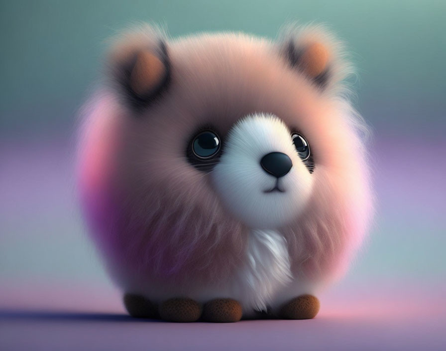 Cartoon-style fluffy Pomeranian with big blue eyes in pastel colors