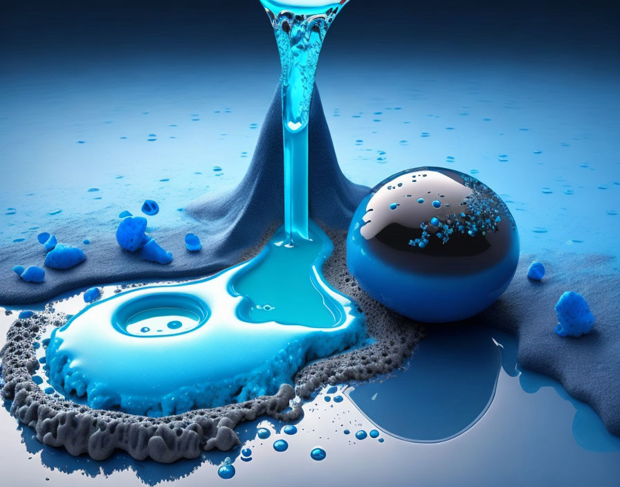 Glossy blue sphere with liquid formations on dark background