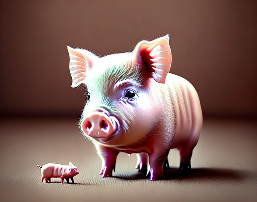 Realistic large pig and tiny piglet on brown background showing size contrast