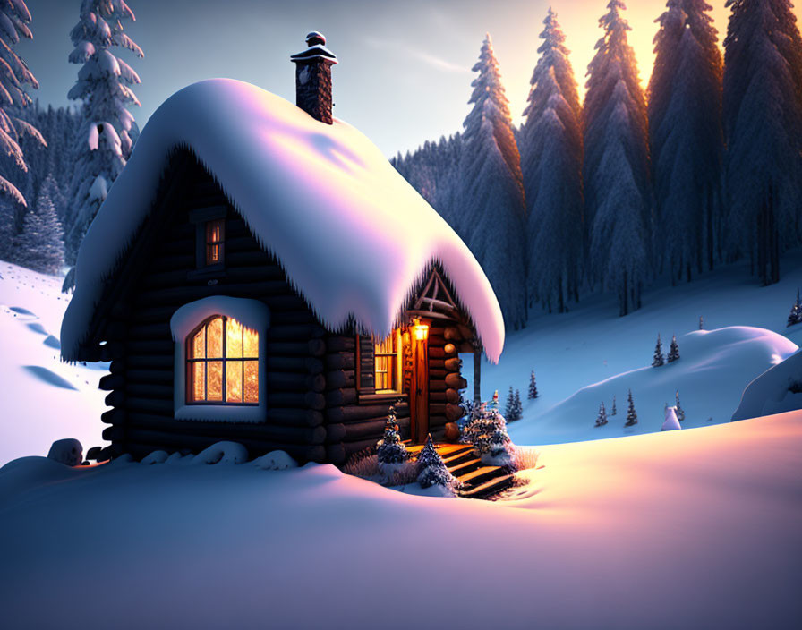 Snow-covered wooden cabin in winter forest twilight