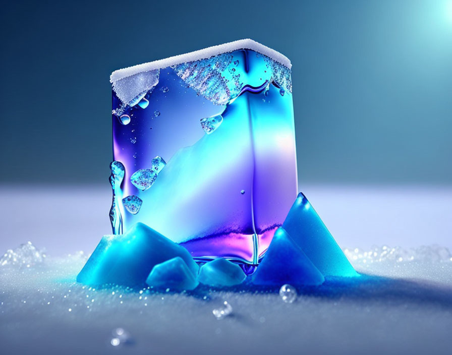 Colorful Translucent Ice Cube Melting on Chilly Surface