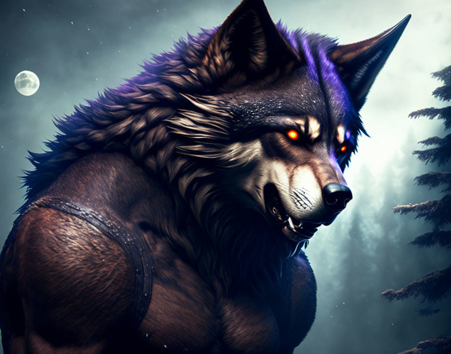 Muscular anthropomorphic wolf with red eyes in forest setting