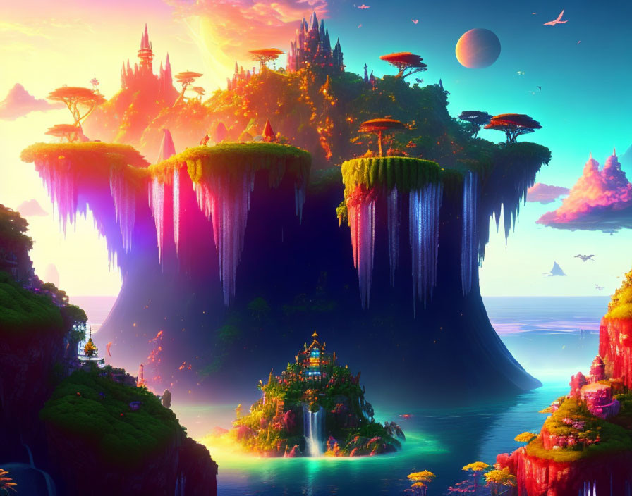 Fantasy landscape with floating islands, waterfalls, greenery, and colorful skies