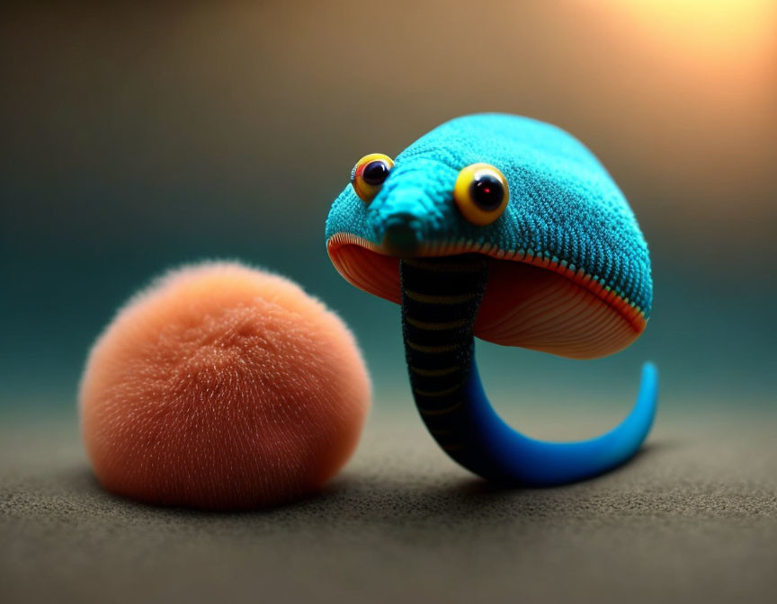 Blue and Turquoise Creature with Yellow Eyes and Striped Underside Curiously Peering at Orange