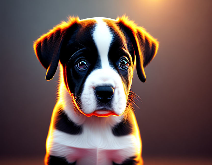 Expressive black and white puppy with warm glowing background