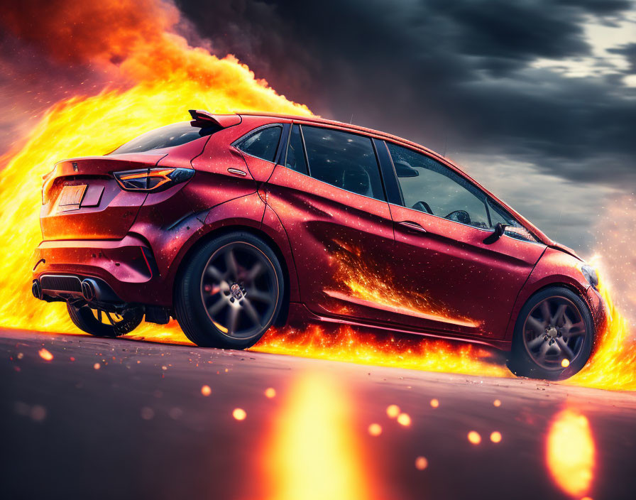 Red car in motion with fiery flames and sparks against stormy sky