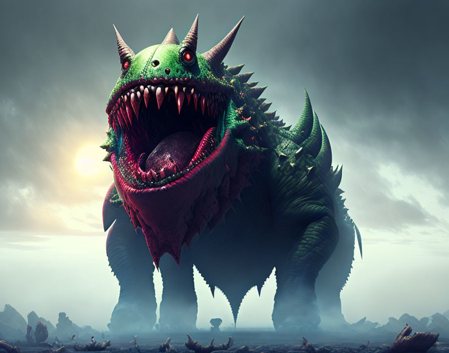 Green dragon with red eyes snarls in stormy sky scene