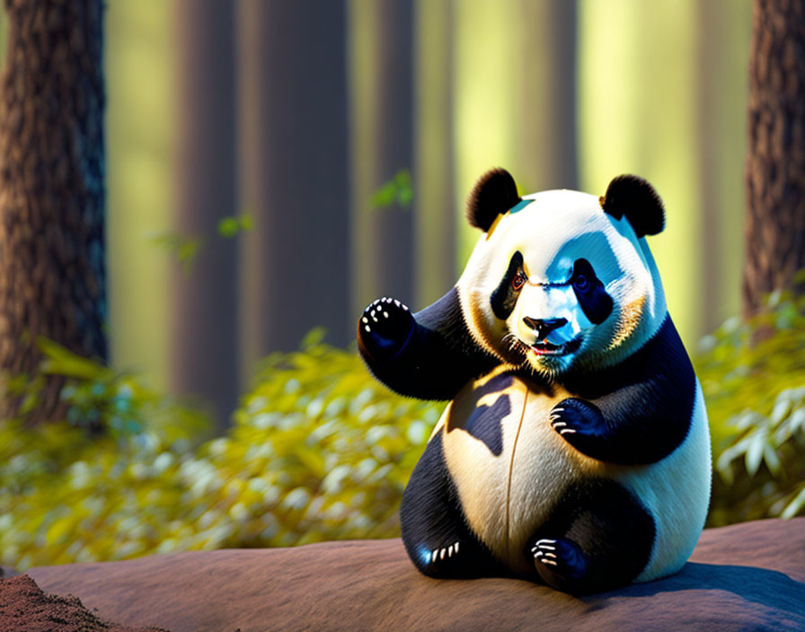 Colorful panda with blue features in serene forest setting