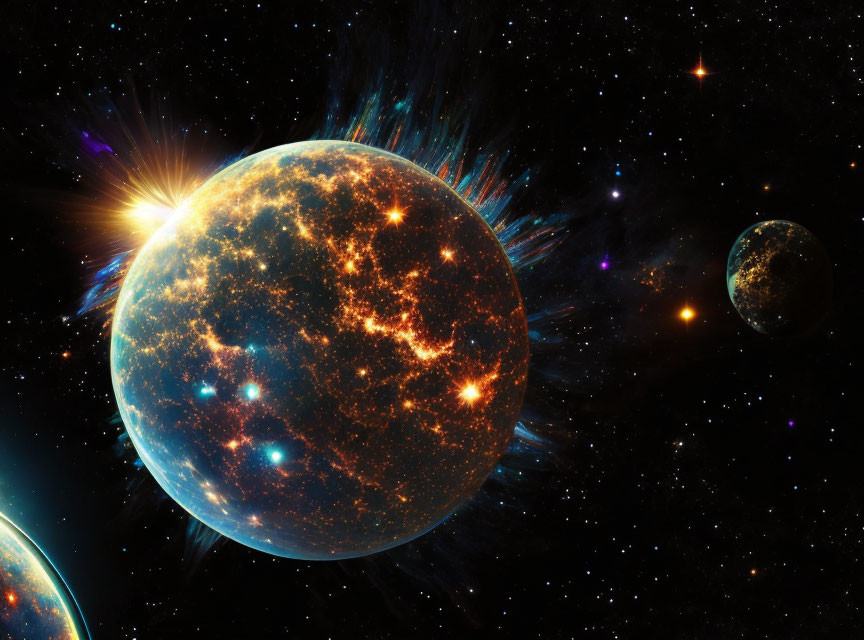 Colorful space scene with glowing celestial bodies and starburst.