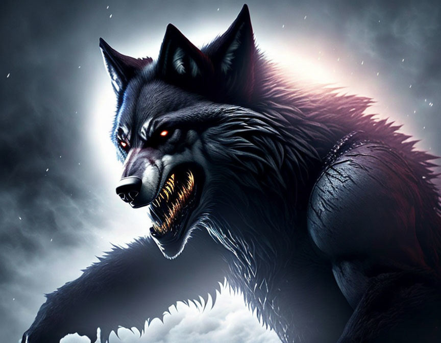 Glowing red-eyed wolf in stormy scene