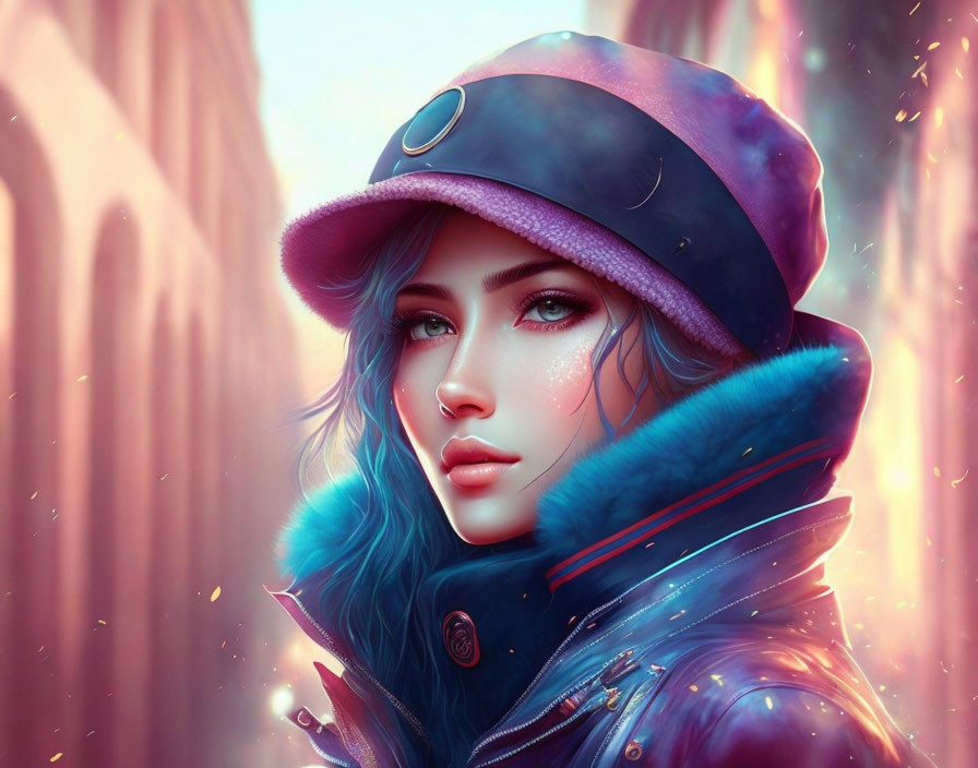 Realistic woman with blue hair in blue hat and jacket on pink backdrop