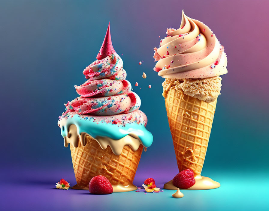 Colorful soft-serve ice creams in waffle cones with sprinkles and fruits on gradient background.