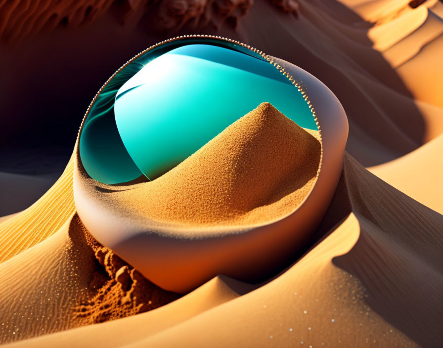 Spherical reflective object on sand dune distorts desert scenery