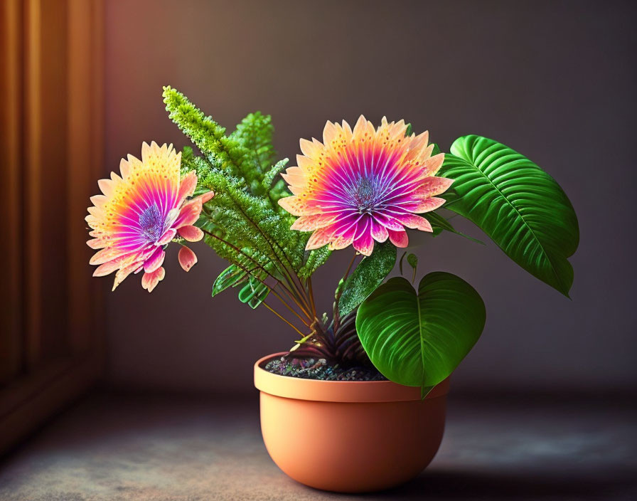 Colorful Potted Plant with Vibrant Flowers and Green Leaves by Sunlit Window