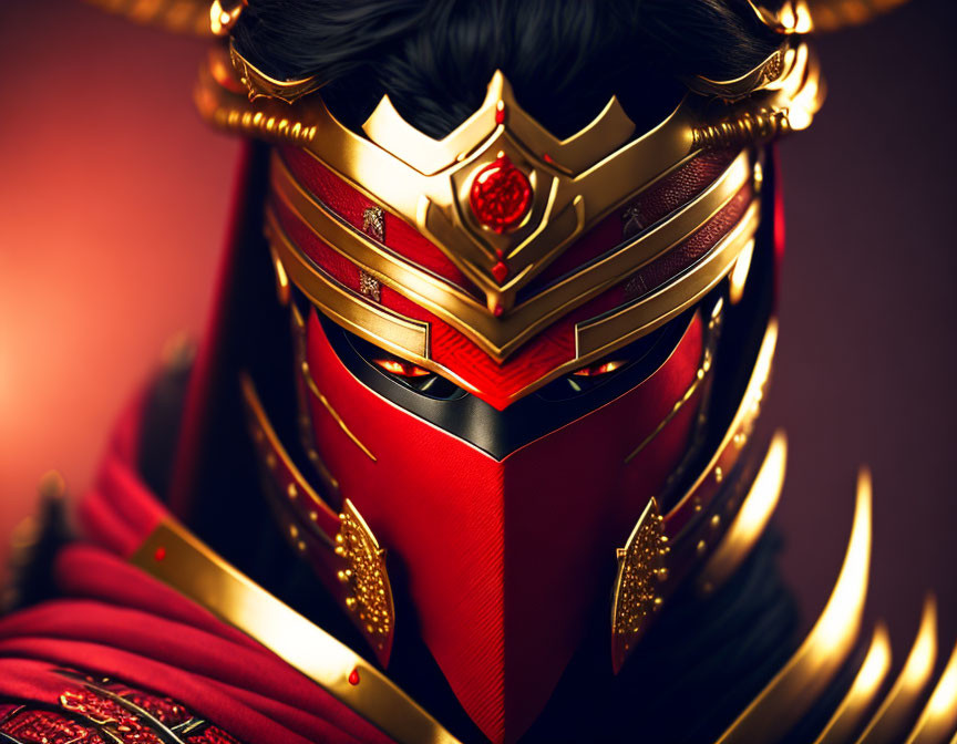 Traditional Warrior Helmet in Red and Gold on Warm Background