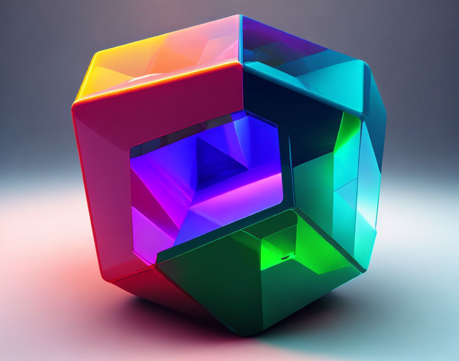 Multicolored translucent cube with glossy surface in vibrant hues