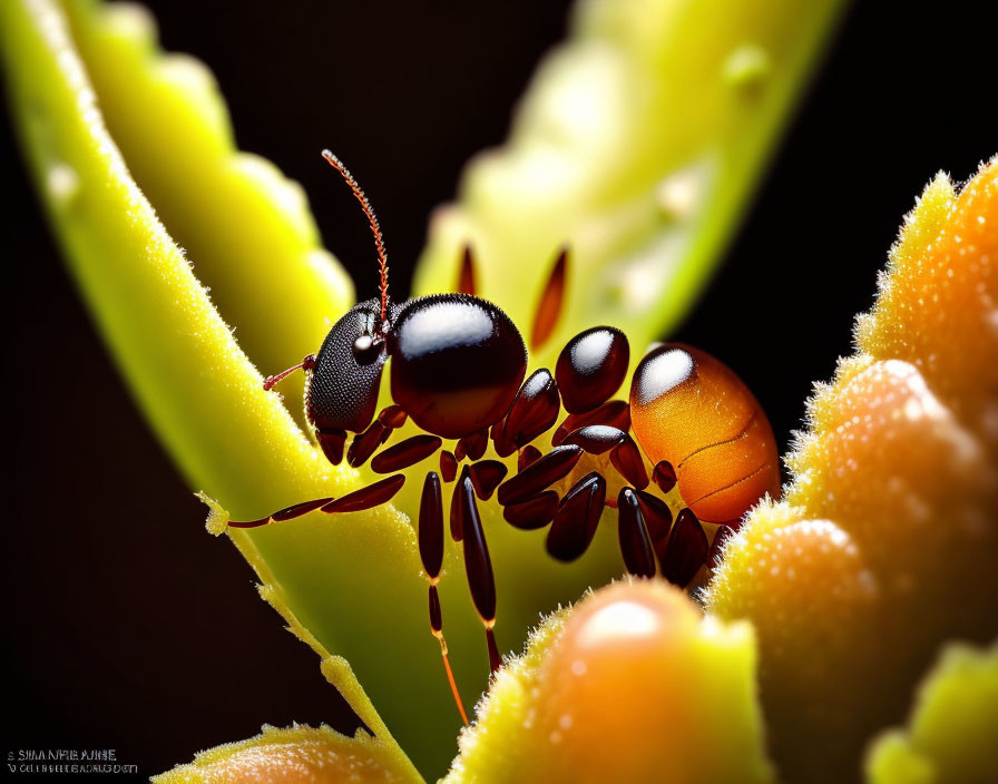 Macro photo of ant on green plant with yellow tips in bright light