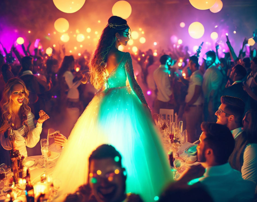 Vibrant party scene with woman in glowing teal dress