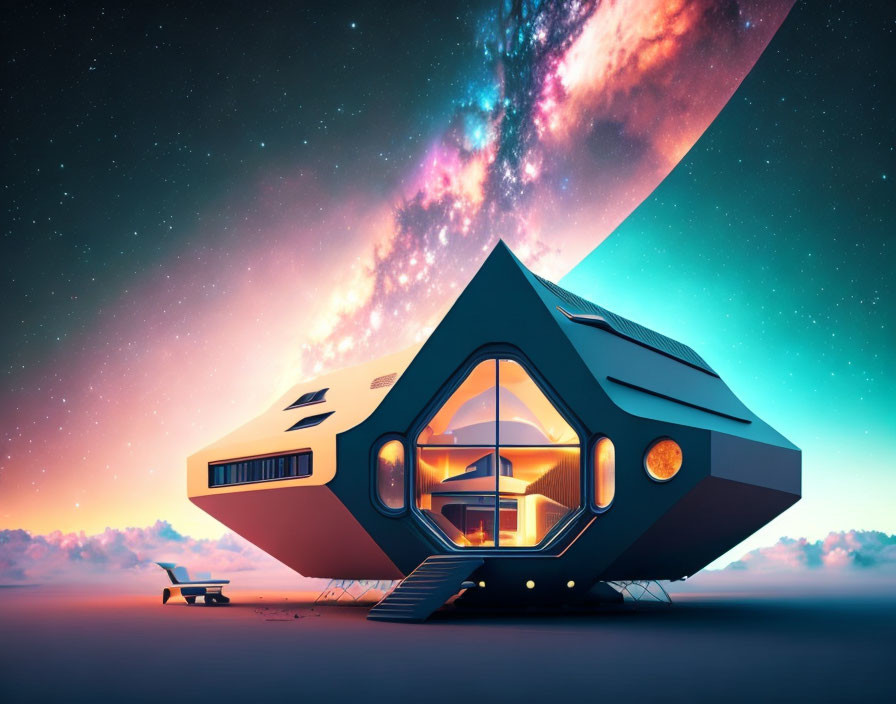 Geometric Design Futuristic House under Twilight Sky