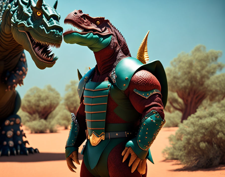 Humanoid Figure in Dinosaur Armor in Desert Landscape