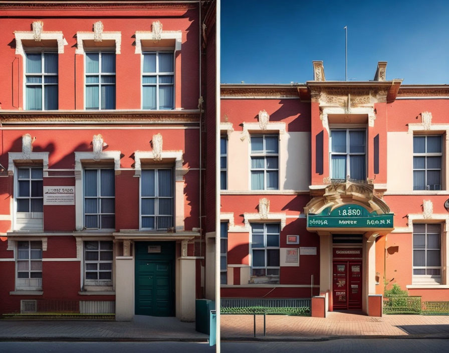 Split image of vibrant red historical building with ornate detailing and 1880 date inscription