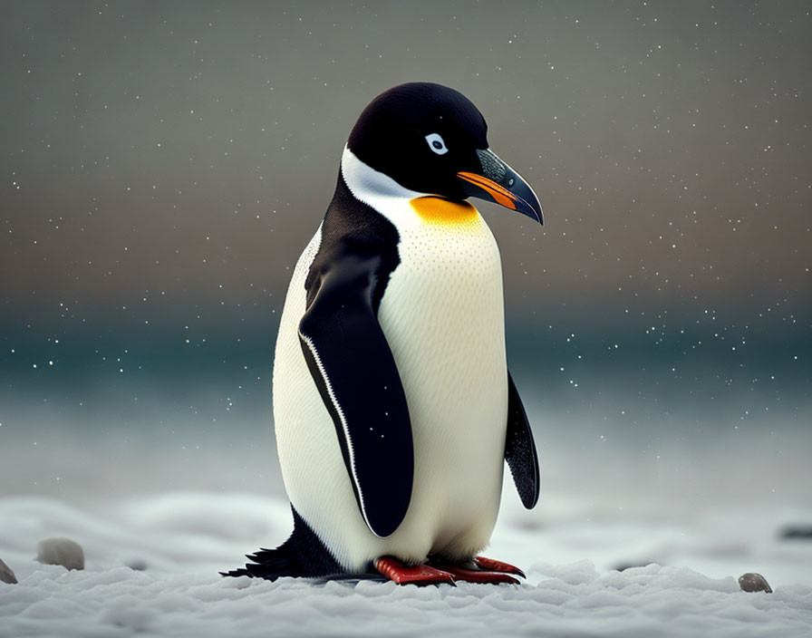 Solitary penguin in snowy landscape with falling snowflakes