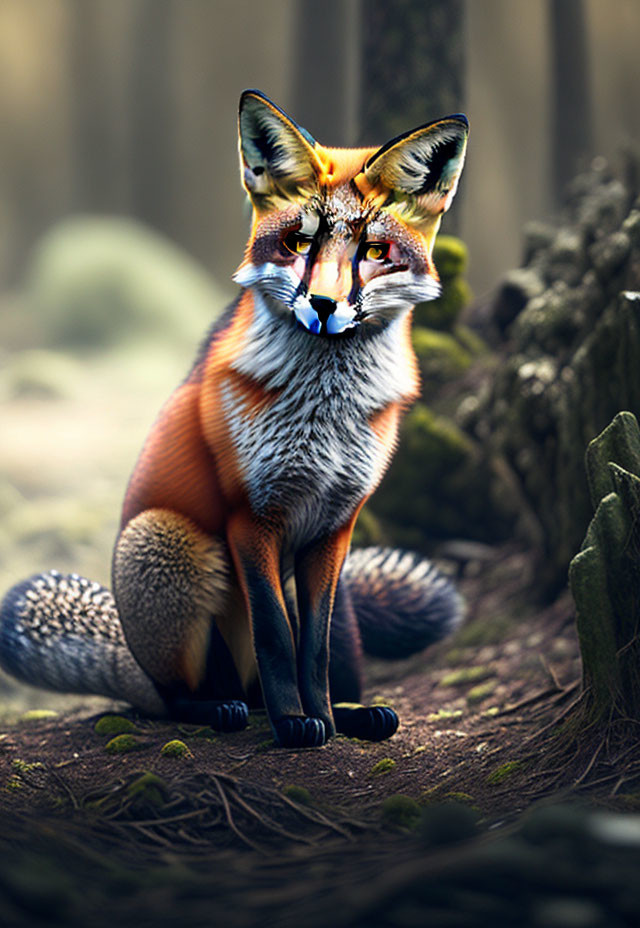 Detailed red fox in forest with intense gaze and soft lighting