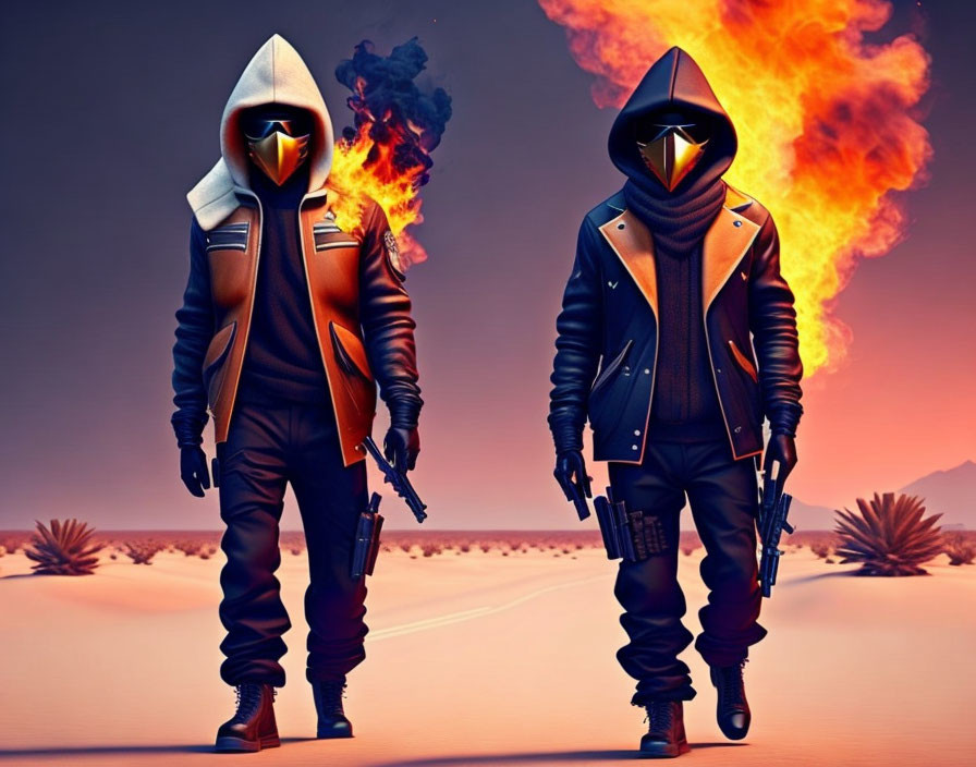 Stylized characters in hooded outfits with guns in desert flames