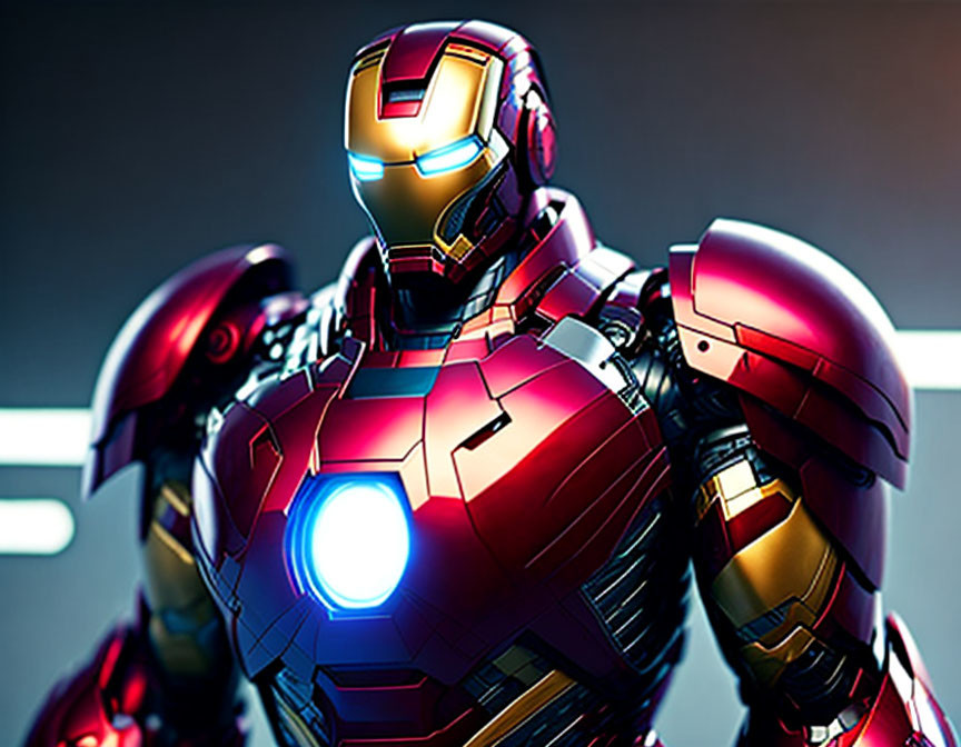 Detailed illustration of glowing Iron Man armor with red and gold metallic plates