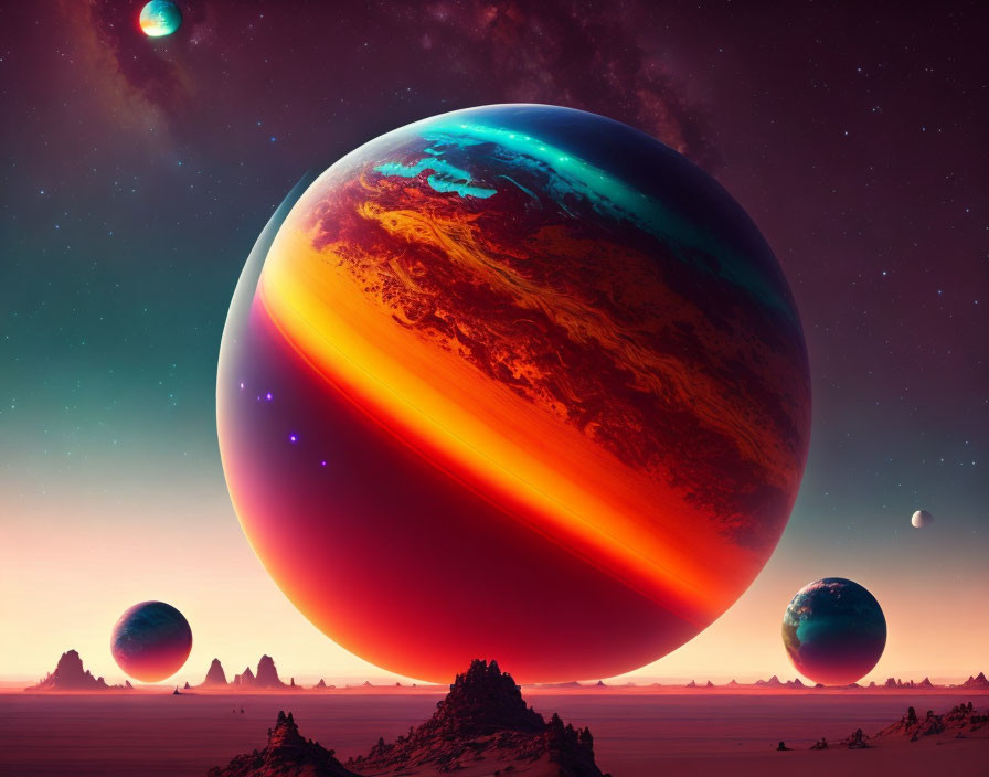 Colorful sci-fi landscape with giant planet and starry sky