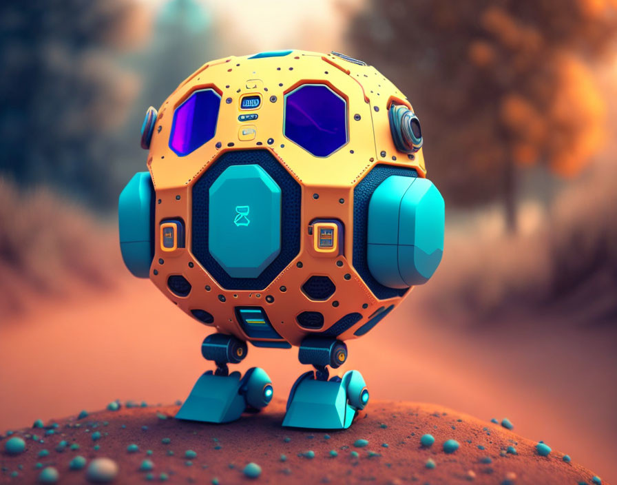 Yellow-Orange Spherical Robot with Blue Appendages on Red Terrain