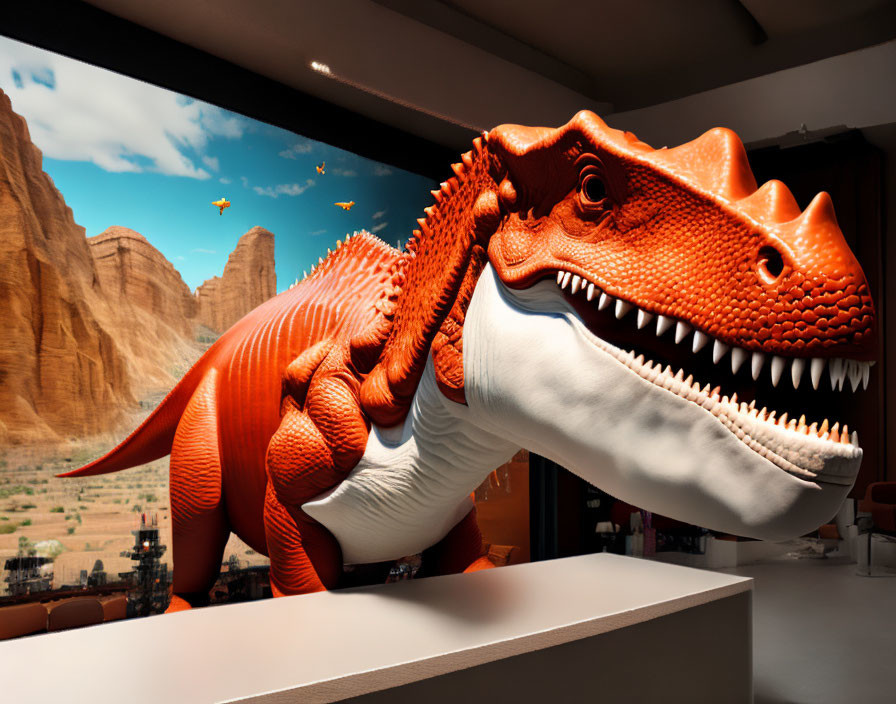 Large Orange Tyrannosaurus Rex Model Displayed with Desert Cliff Mural