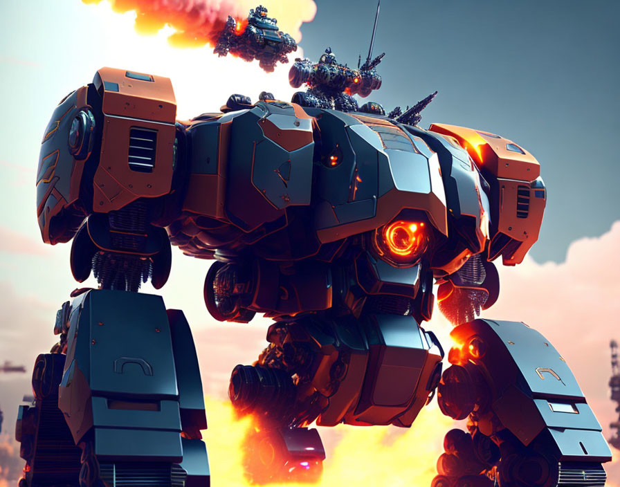 Armored robot with glowing lights and fiery explosions in dusk sky