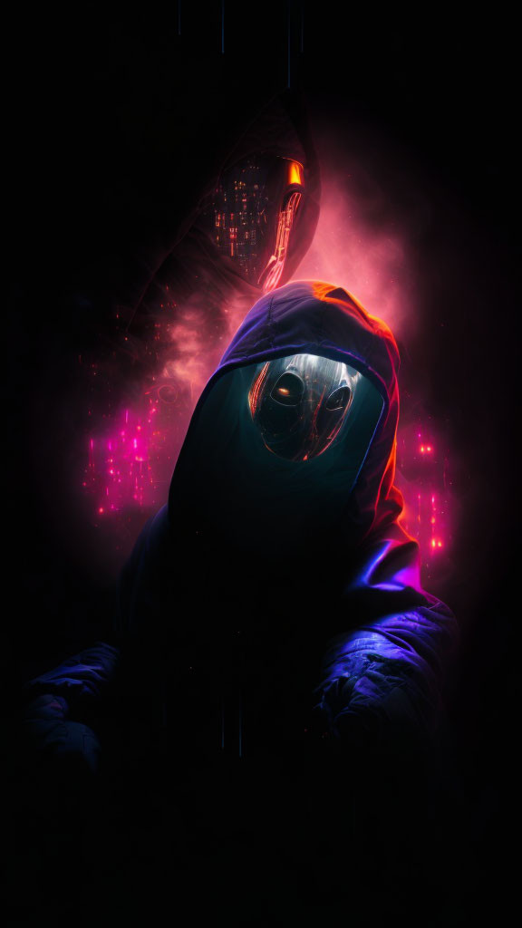 Hooded Figure with Neon Lights in Cyberpunk Setting