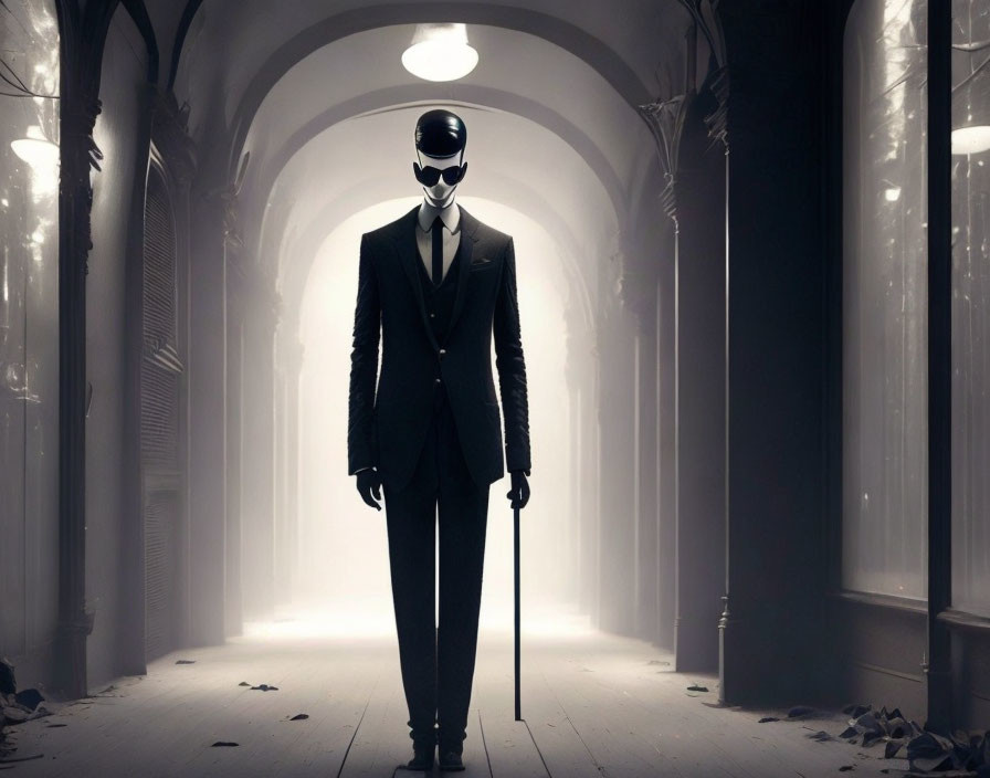 Person in suit with sunglasses and cane in misty corridor