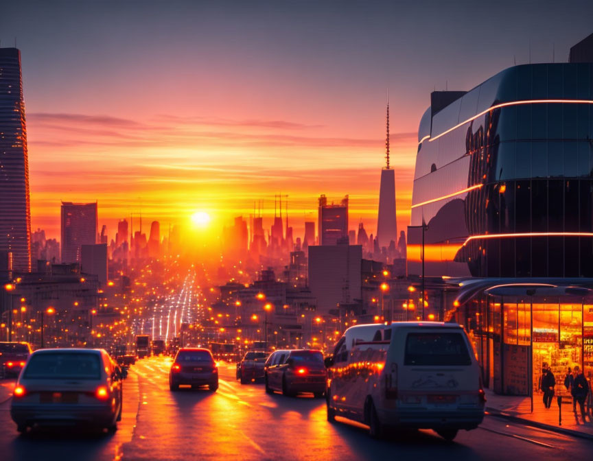 City street at sunset: vehicles, glowing lights, orange sky, skyscrapers.