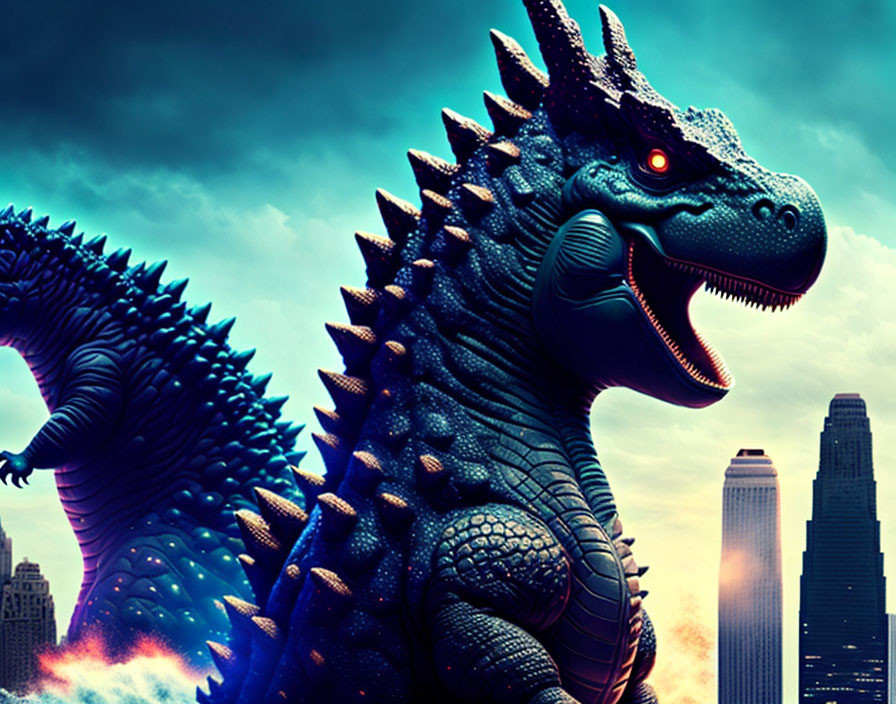 Giant blue Godzilla with red eyes in city skyline under dramatic sky