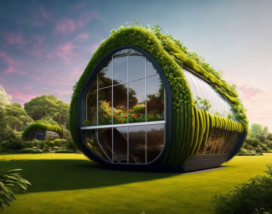 Egg-shaped futuristic house with lush greenery and glass front in serene garden