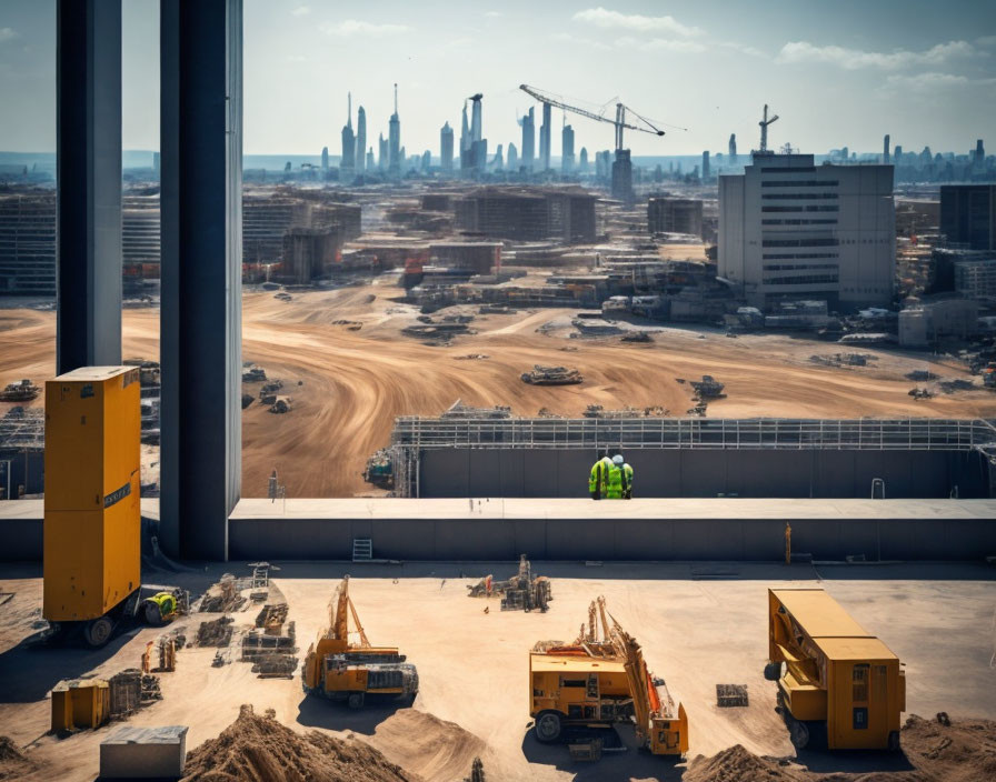 Urban construction site with machinery and workers against city skyline and clear sky