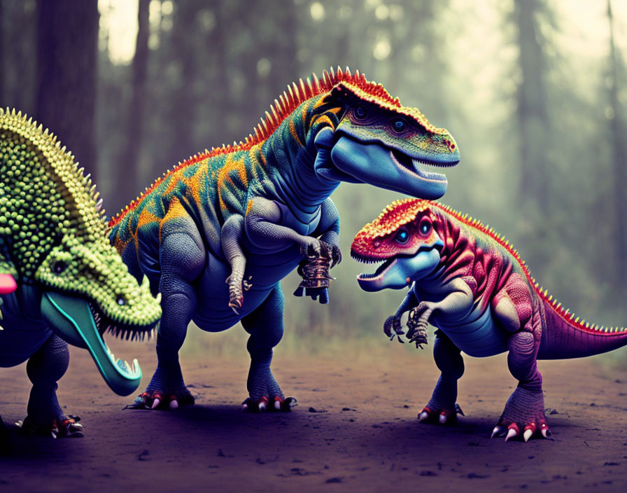 Colorful Anthropomorphic Dinosaurs in Foggy Forest with Camera