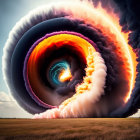 Multicolored vortex over golden field under cloudy sky