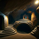 Vibrant cave with glowing plants and arched tunnel in warm light