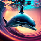 Dolphins leaping with water splashes on vibrant background