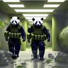 Hazmat-suited Figures with Gas Masks and Rifles in Debris-filled Corridor