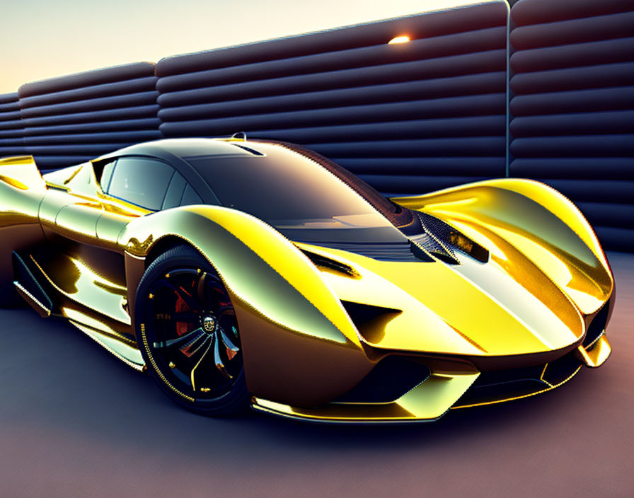 Golden supercar with black accents against modern corrugated wall at sunset