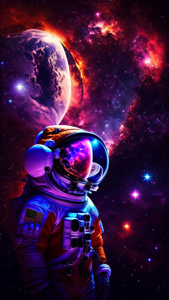 Astronaut in space suit with moon, nebula, and stars